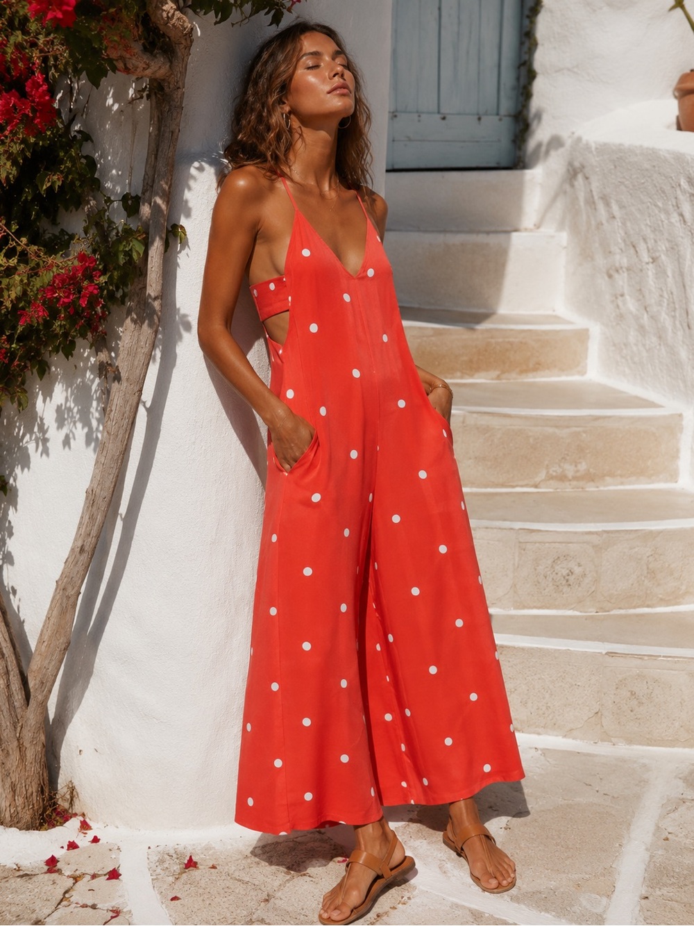FREE PEOPLE Dream Big Red & White Polka Dot Tank Cropped Jumpsuit Size Small
